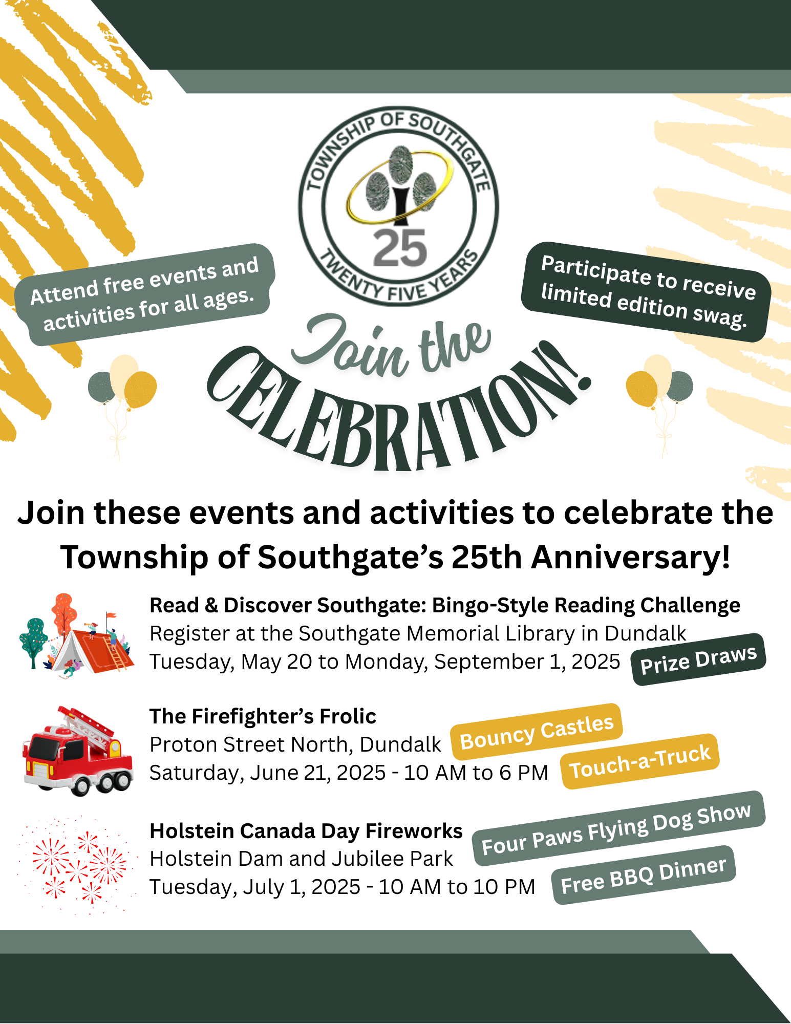 Join these events and activities to celebrate the Township of Southgate's 25th Anniversary
