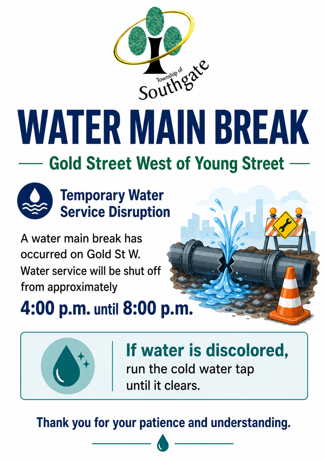 Image of watermain break with the same wording as above